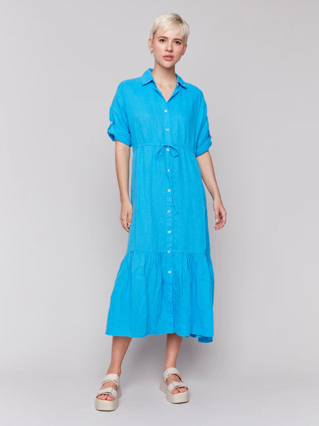 Charlie B -C3205-057-Buttoned Front Long Woven Dress W/Shirt Collar-Lagoon XL / Lagoon Charlie B -C3205-057-Buttoned Front Long Woven Dress W/Shirt Collar-Lagoon XL / Lagoon